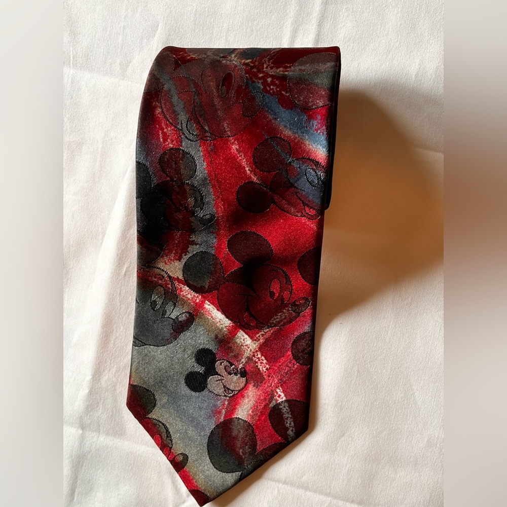 Mickey Mouse Vintage Disney Chic Y2K Necktie, Muted & Hidden Mickey’s, Red/Black